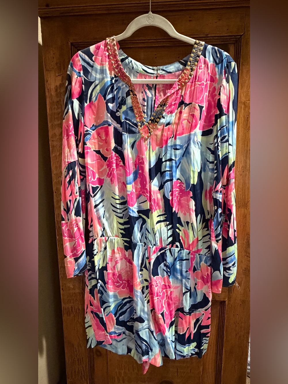 Lilly Pulitzer Pink & Navy Floral Romper with Beaded V-Neck